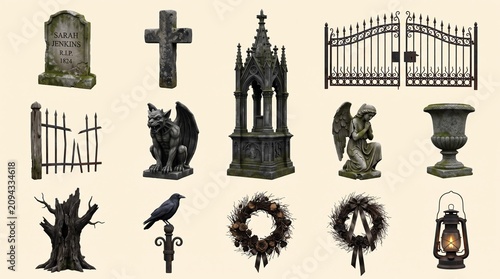 Set of Gothic Cemetery Ornaments Featuring Tombstones Gargoyles Angels and Decorative Elements for Spooky Digital Design