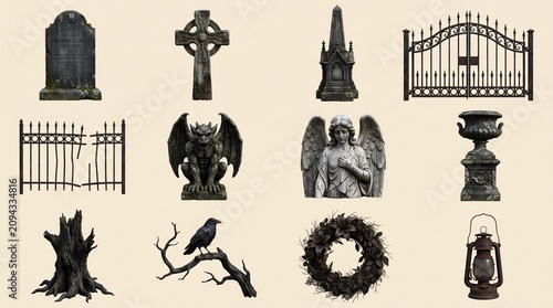 Set of Gothic Cemetery Ornaments Featuring Stone Gravestones Gargoyles Angel Statues and Haunted Decorations for Halloween Design Projects