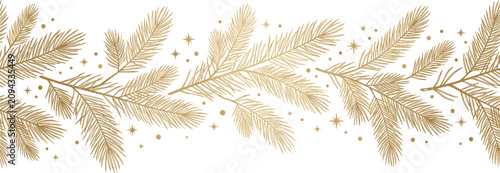 Foto Elegant gold christmas pine tree branch seamless horizontal border pattern for l