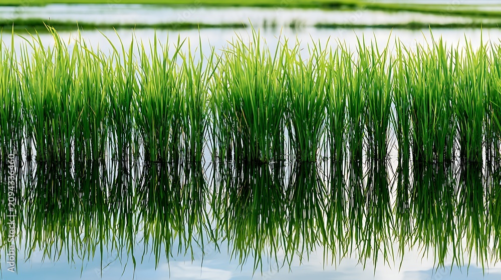 Obraz premium green grass reflecting on water surface on a sunny day