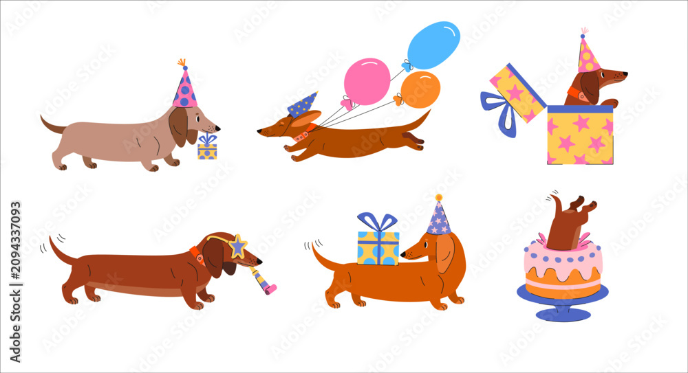 Fototapeta premium Illustration of dachshund dogs wearing party hats celebrating a birthday with gifts, balloons, and cake. Dog celebration collection in flat vector style.