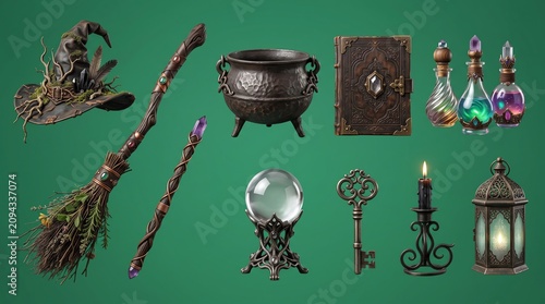 Collection of Enchanted Witchcraft Accessories and Mystical Sorcery Items on a Solid Green Backdrop