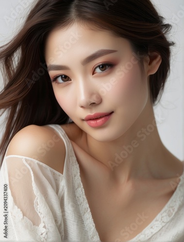 Asian woman with white dress, Facial treatment, skin care, Cosmetology