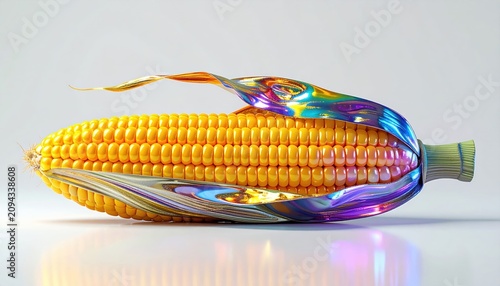 A vibrant, detailed ear of corn with iridescent metallic husk, isolated on a light background