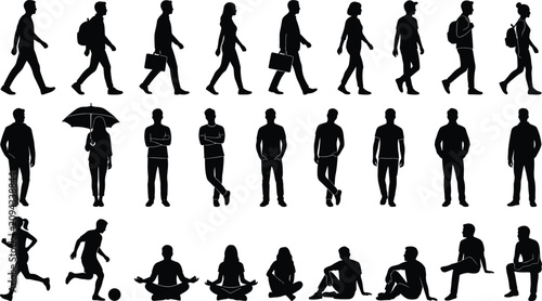 Bild auf Leinwand People silhouette mega collection showing walking standing running sitting and m