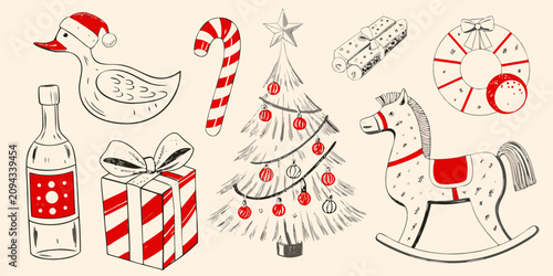 Fotografie Holiday Elements Collection Hand drawn Vector Illustration With Red Accents