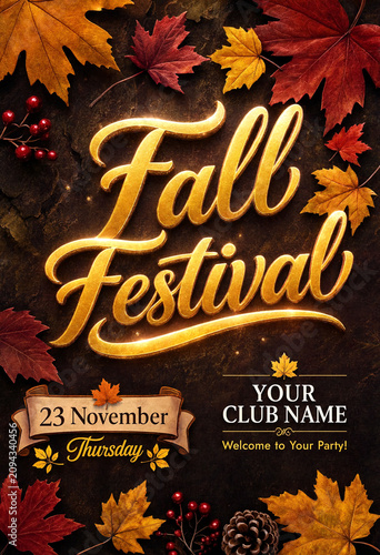 Vibrant autumn fall festival poster with colorful leaves and golden text design invitation