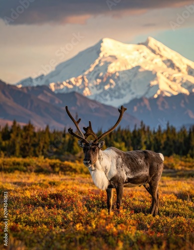 A majestic reindeer stands in a field of colorful autumn tundra with a snow-capped mountain in the background.