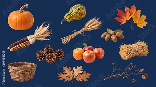 Set of Autumn Harvest Elements Featuring Pumpkins Apples Wheat and Colorful Fall Foliage for Seasonal Design Projects