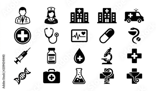 Monochrome medical icon collection with hospital medicine emergency healthcare and laboratory symbols vector illustration