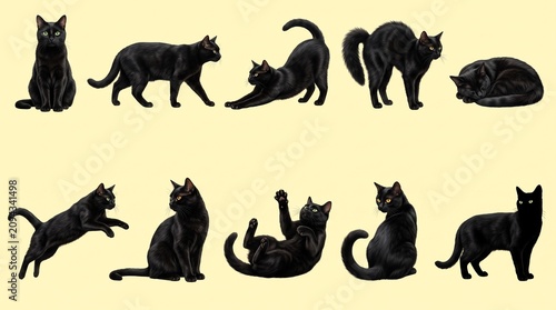 Set of Elegant Black Cats in Various Poses and Natural Movements Isolated on Pale Yellow Background