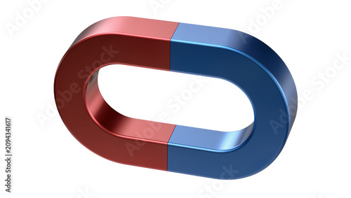Foto Isolated glossy metallic red and blue horseshoe magnet representing magnetism and polarity concept