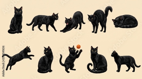 Collection of Hand Drawn Realistic Black Cat Illustrations in Various Dynamic Poses and Daily Behavioral Activities Set