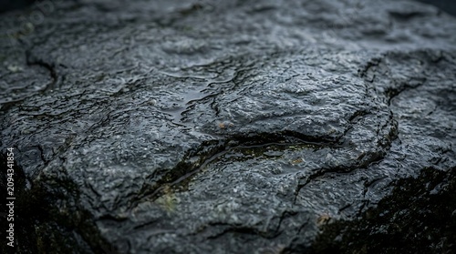 Close up of a wet textured dark gray rock with water puddles reflecting the light surface