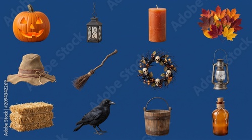 Comprehensive Collection of Vintage Halloween Decorations Featuring Carved Pumpkins Witch Hats and Rustic Autumnal Elements for Festive Seasonal Design