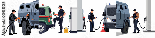 Konstfotografi Illustration set of uniformed security personnel and special forces refueling various armored transport vehicles and tactical SUVs at a gas station