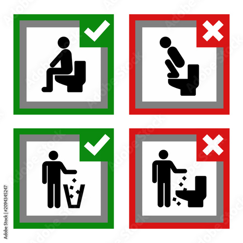 Set of toilet etiquette instruction signs featuring correct and incorrect restroom behavior with proper sitting and prohibition of throwing trash into toilets, public hygiene icons.