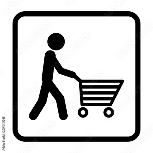 Shopping cart return station sign featuring person pushing a supermarket trolley in a minimalist black pictogram with rounded square border for retail stores, shopping malls and parking areas.