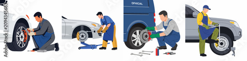Bild auf Leinwand Set of professional auto mechanics performing tire changes and brake system repairs on various vehicles in a garage or workshop setting