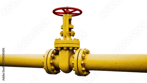 Fotografía Isolated yellow industrial natural gas pipeline segment with a bright red contro