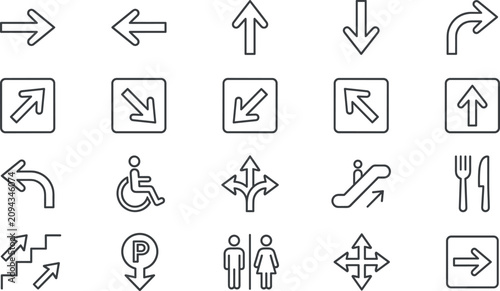 Wayfinding and navigation line icon set featuring directional arrows parking restroom elevator escalator stairs accessibility and public sign elements