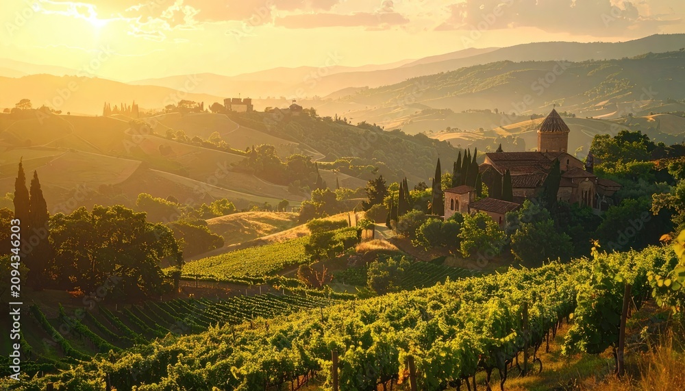 Obraz premium Golden hour illuminates rolling Tuscan hills with vineyards and ancient architecture.