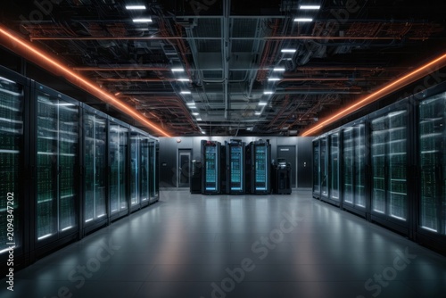 A modern data center with racks of servers, cooling systems
