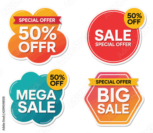 小売マーケティングのための特別オファー、50%割引、およびビッグセールの告知を特徴とするカラフルなプロモーション用セールステッカーとバッジのコレクション