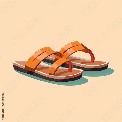 Orange and brown casual slip-on sandals footwear, minimalist flat design vector illustration.
