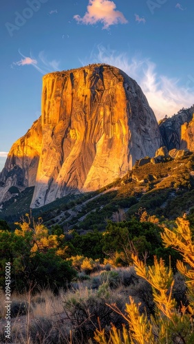 Majestic El Capitan bathed in the golden light of sunset.