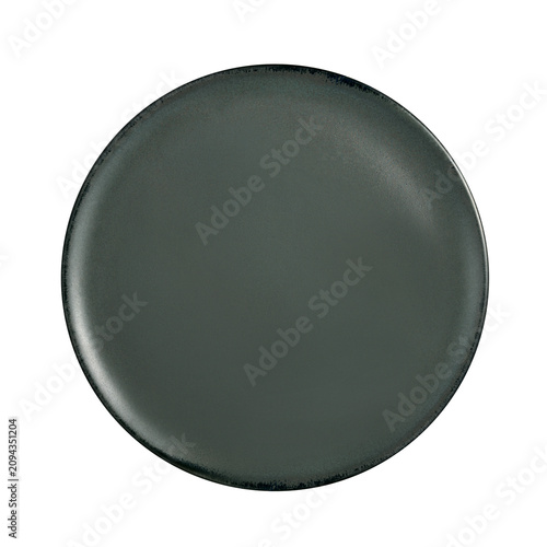 Empty dark green round ceramic plate with textured stoneware finish isolated on white background