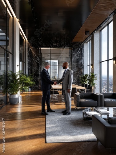 Two executives shaking hands in a sleek office