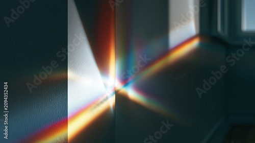 Rainbow light reflects across a textured wall and window frame, creating prismatic beams and soft shadows in an interior room.