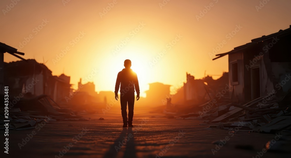 Fototapeta premium Lone Figure Walking in Dramatic Sunset Over Ruined Landscape