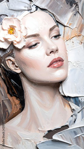 Oil painting of a woman with a flower in her hair isolated on a transparent background