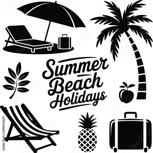 Vector Illustration Featuring Black Silhouette Summer Beach Holiday Icons with Palm Tree Lounge Chair Umbrella Pineapple Suitcase and Text