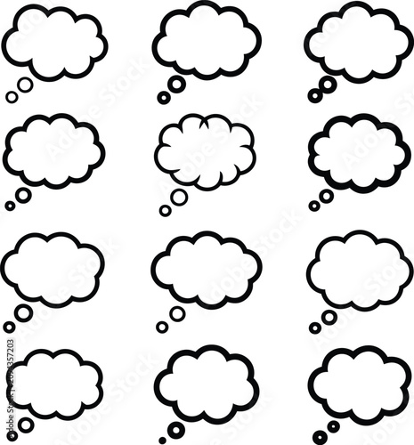 Vector Illustration Featuring Black Silhouette Thought Bubble Icons in 3x4 Grid with Cloud Shapes and Circles Representing Ideas