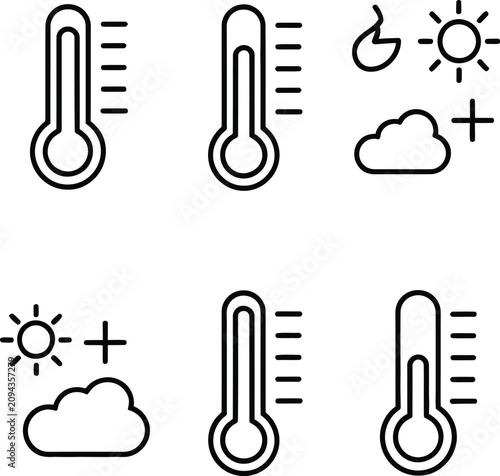 Vector Illustration Featuring Black Silhouette Weather Temperature Icons with Thermometers Sun Flame Cloud Indicating Heat and Warm Conditions
