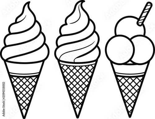 Vector Illustration Featuring Black Silhouette Ice Cream Cone Icons with Soft Serve Swirls Scoops Waffle Pattern and Wafer Stick