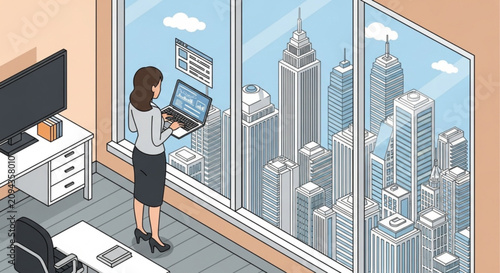 businesswoman working on laptop in modern office overlooking city skyline with skyscrapers and glass windows