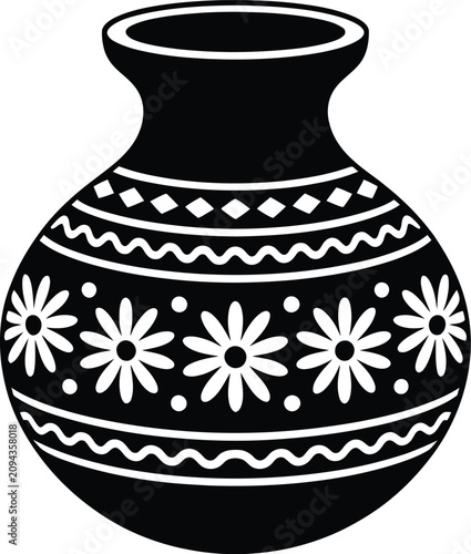 Vector Illustration Featuring Black Silhouette Decorative Clay Pot Icon with Rounded Body Narrow Neck and Ornamental Floral Patterns