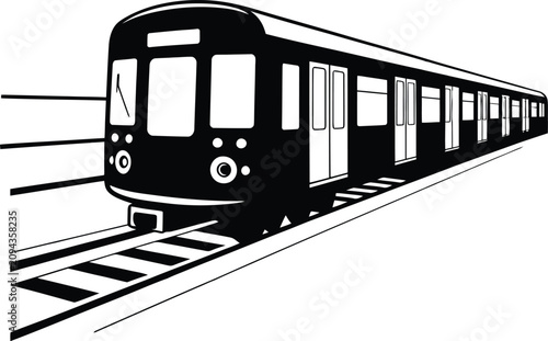 Vector Illustration Featuring Black Silhouette Modern Passenger Train Icon with Multiple Cars Windows Doors and Motion Perspective