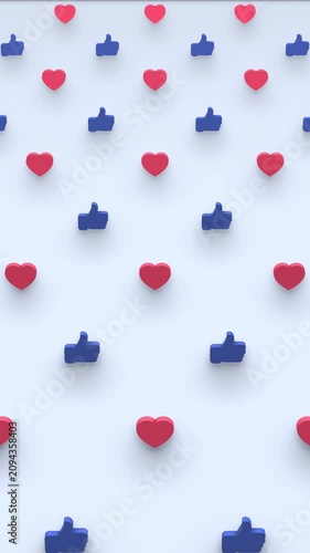 3d animation of grid of like hands and heart shapes in isometric view and seamless moving. Computer generated loop animation. Social network pattern, 4K seamless animated like icons background