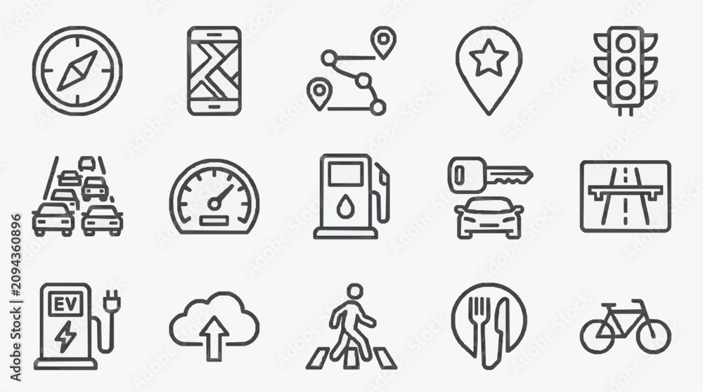 Fototapeta premium Elegant Monochrome Line Icons Set Featuring Navigation Traffic Vehicles Charging and Lifestyle Elements