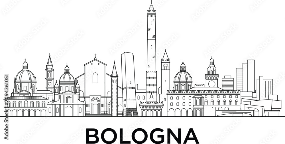 Fototapeta premium Bologna city skyline horizontal panoramic banner with historic towers medieval cathedrals and landmarks outline linear vector illustration