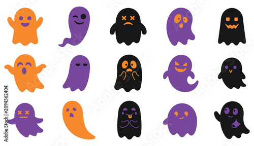 Cuadro en lienzo Collection of various halloween ghost characters in orange and purple with hallo