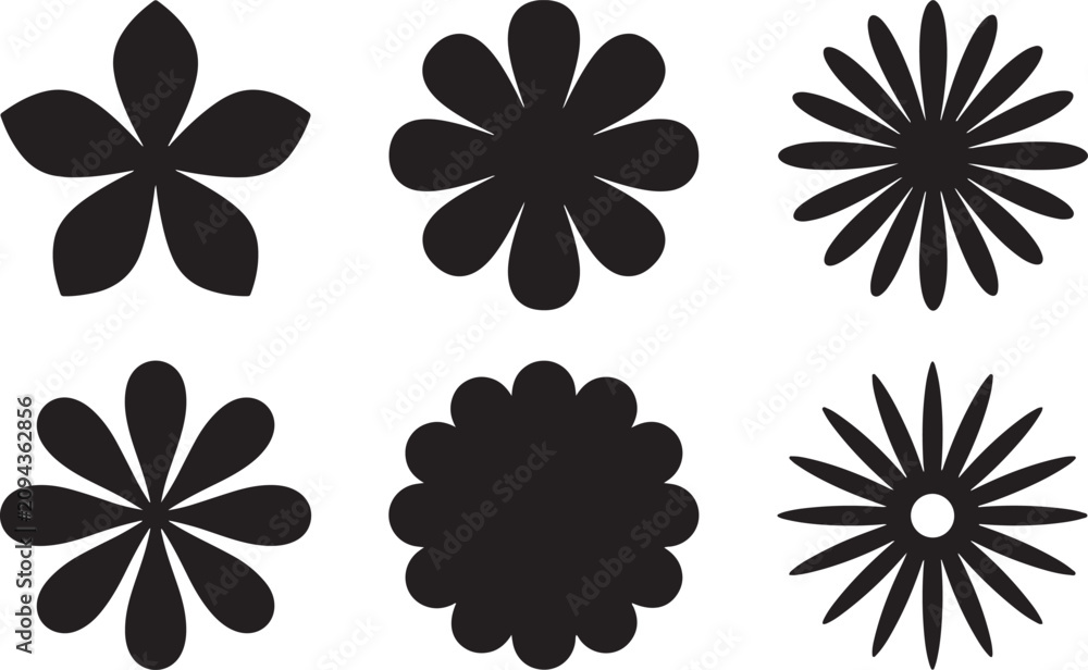 Obraz premium Set of black silhouette flower shapes vector graphic collection with silhouette
