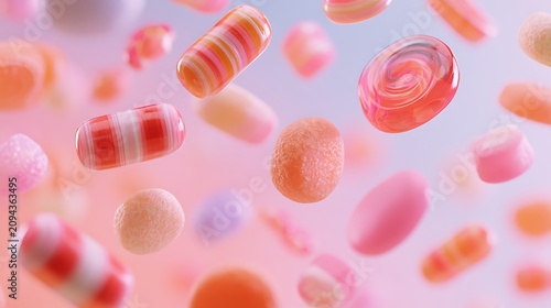 Colorful assortment of floating candies in pastel shades