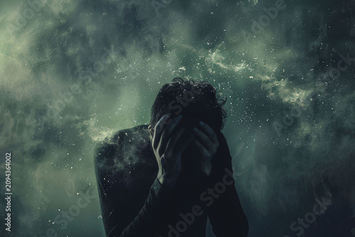 Man overwhelmed by despair, hiding face in hands amidst swirling dust, depression