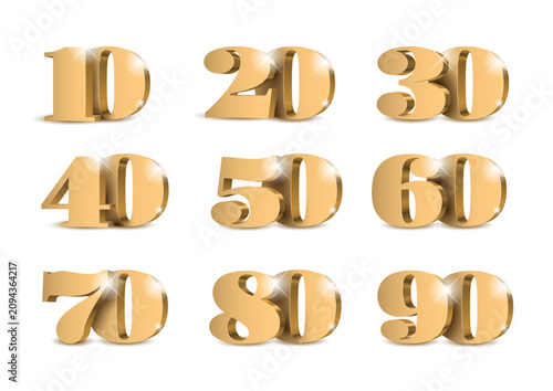 Anniversary numbers collection. Number in gold 3d For Poster template Celebrating anniversary event party. Vector illustration